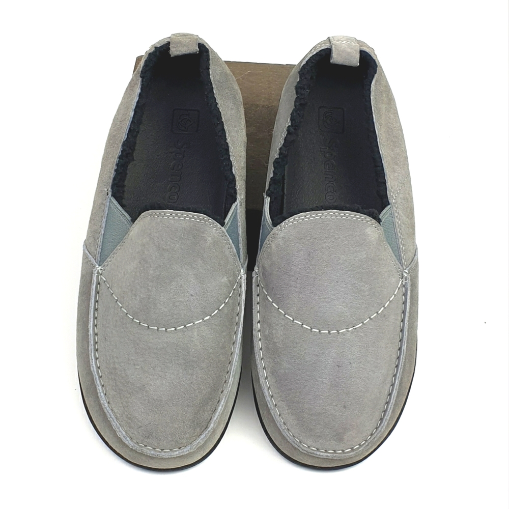 Spenco Cozy grey Suede slip-on slipper orthotic comfort outdoor indoor 10 wide